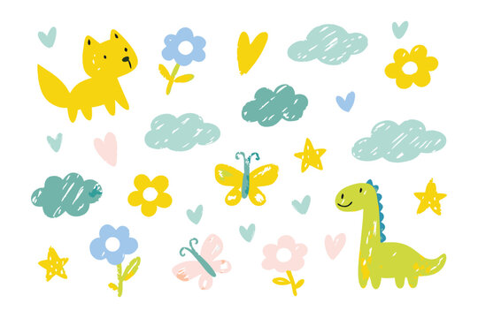 Whimsical Cartoon Animals and Elements: A delightful collection of charming cartoon animals and playful elements, designed with a childlike touch.