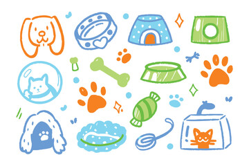 Fototapeta premium Whimsical Pet Accessories Collection: a collection of pet accessories, including dog collars, food bowls, pet houses, and paw prints, all crafted in a bright, illustrative style. 