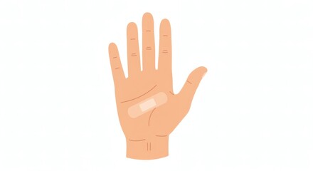 Minimalist Vector Illustration of Human Hand with Small Bandage on Palm – Flat Medical Infographic Style on White Background, Symbolizing First Aid or Minor Injury, Clean and Professional Design

