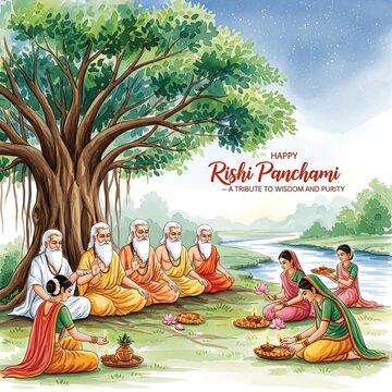 Ancient indian sages gather under a banyan tree for a spiritual ceremony with devotees offering prayers