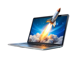 rocket blasting off from a laptop png image on transparent background