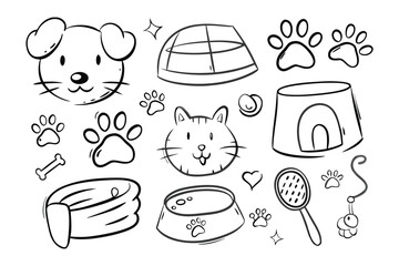 Pet Essentials Doodle: A charming doodle-style illustration showcases an array of pet-related essentials, from a happy puppy and kitty to playful paw prints and delightful accessories. 