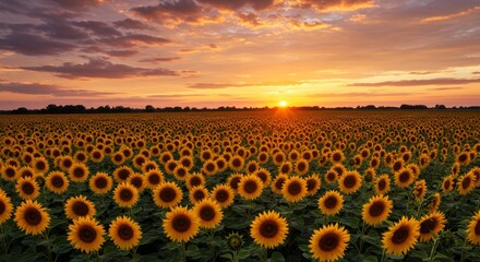 Fototapeta premium Sunflower Field at Sunset with Dramatic Sky Landscape