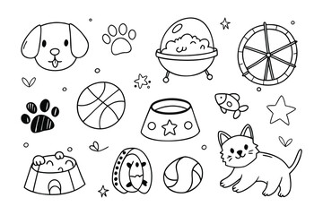 Pet Supplies: A delightful assortment of pet-related items, illustrated in a clean, monochrome style. This playful collection captures the essence of pet care and companionship.