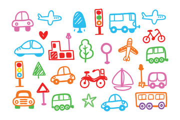 Colorful Doodle Transport Collection: A whimsical collection of colorful hand-drawn doodle illustrations, showcasing various modes of transportation.