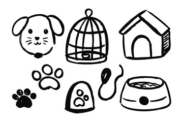 Pet's Doodle Collection: This image showcases a charming collection of doodle illustrations, with whimsical hand-drawn icons representing pets and their essential items.