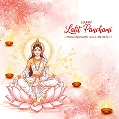 Beautiful illustration of goddess saraswati seated on a lotus surrounded by diyas celebrating vasant panchami festival