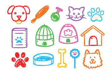 Pet Supplies Cartoon Collection: An illustrated collection of colorful pet supply icons, perfect for conveying the joy and care associated with pet ownership.