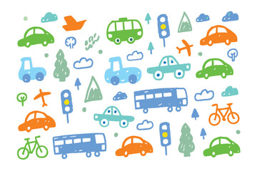 Doodle Transport: A playful doodle illustration features a charming collection of cars, bus, airplane and bike symbols and the elements of nature.