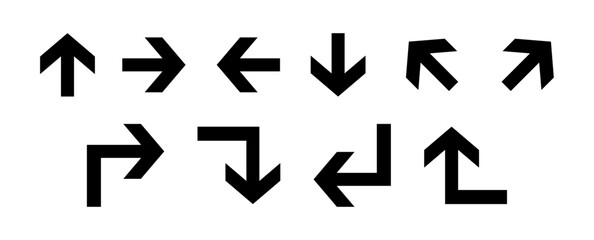Directional arrows, black flat icons. way finding signage. cursor. modern, simple. 矢印 方向指示