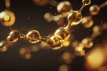 macro shot of a golden molecule floating in viscous fluid, glimmering highlights, abstract warm-tones background, depth of field, cinematic soft light