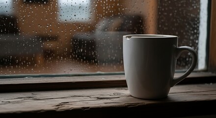 Contemplative coffee break by rainy window offering tranquil solace