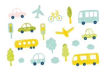 Transportation Illustrations: Whimsical transportation icons including a car, airplane, bicycle, bus, and trees, ideal for educational purposes or children's design projects.