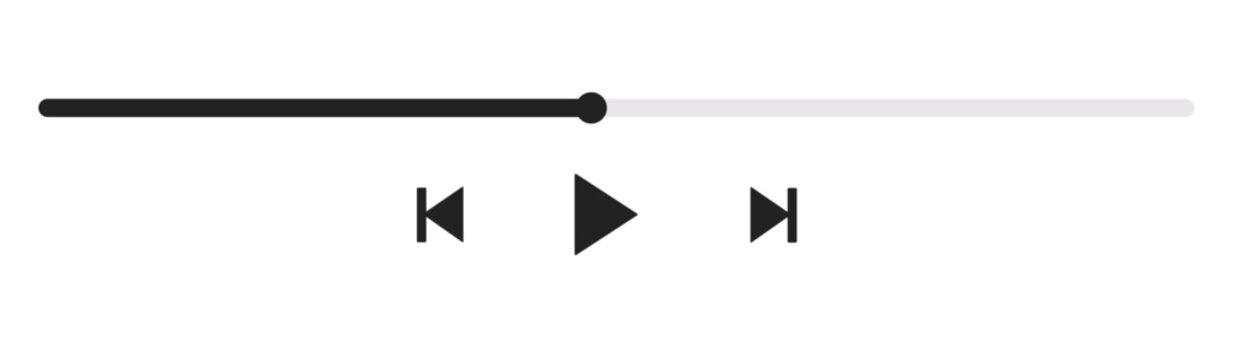 Music or video play bar icon. Modern UI Design Element for Music App Design with Pause, Play, Skip, Favorite, Queue Buttons. Music or video play bar icon on black background.