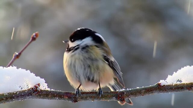 Cute bird on a branch in winter during a snowfall.
