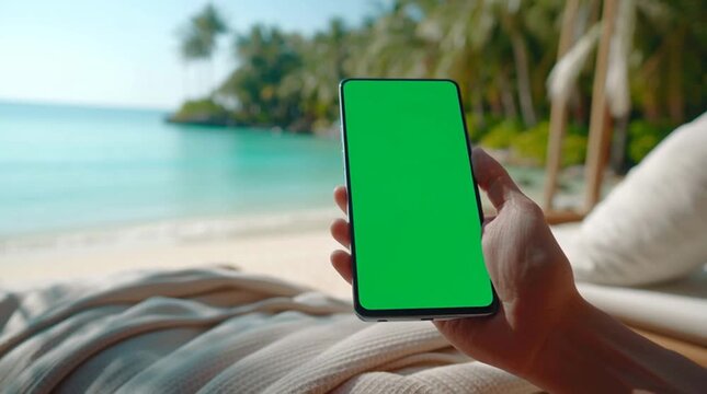 Hand holding a smartphone with a green screen on a beautiful tropical beach in vertical video, perfect for mobile app mockups or travel content