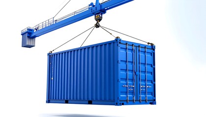 Industrial blue shipping container lifted by a crane