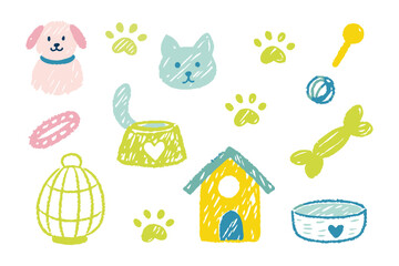 Pet Supplies Illustration: A colorful and whimsical illustration of essential pet supplies, designed with a crayon-like aesthetic that evokes warmth and playful charm.