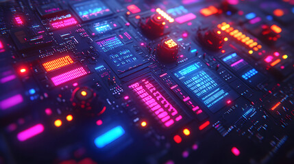 Obraz premium Close-up of a complex electronic control panel with glowing buttons and knobs.