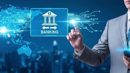 Businessman using digital banking interface with global network connections and financial icons on a virtual screen. Concept of fintech, online banking and digital finance
- Powered by Adobe