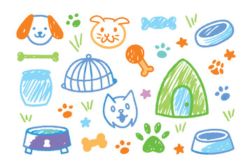 Pet Doodle: a joyful illustration featuring adorable animals-dog, cat, bird, and their essential item like bowl, bone, house,  paw, and treats. It's a visual delight, expressing the world of pets. 