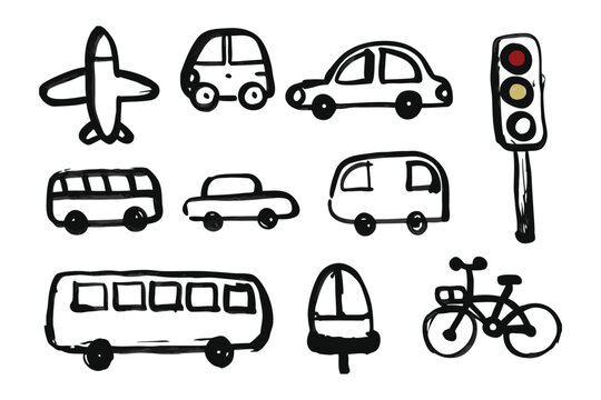 Drawn Transportation Collection: Playful sketched collection of transportation means, featuring an airplane, car, bus, bicycle, and traffic signal, illustrating the dynamics of mobility.