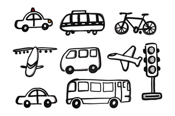 Doodle transport collection: A collection of whimsical line art illustrations depicting a variety of modes of transport, showcasing a lighthearted doodle style.