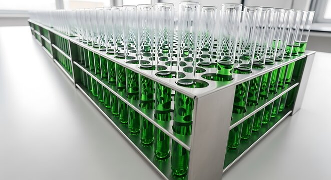 Organized Array of Green Liquid Test Tubes for Experimentation Purpose