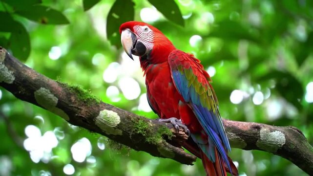 Scarlet macaw perched on a mossy branch in the rainforest.