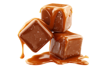 Three Brown Caramel Candies with Dripping Caramel Sauce on Transparent Background, PNG