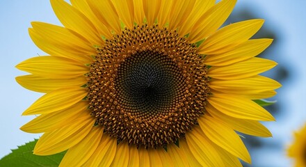 Fototapeta premium Vibrant close-up of a bright yellow sunflower with a detailed center against a soft blue sky