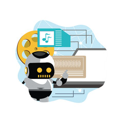 Futuristic robots utilize artificial intelligence technology in film scoring.