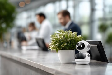 Small friendly robot assistant sits on a reception desk beside a potted plant, with blurred professionals in the background, showcasing modern technology in a welcoming environment