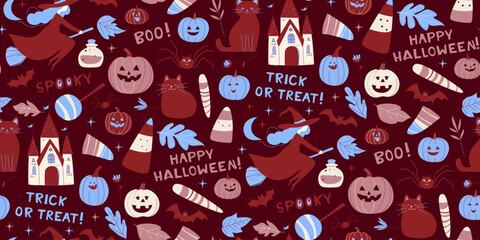 Halloween Seamless Pattern with Witches, Cats, Pumpkins and Candy Dark Red Background