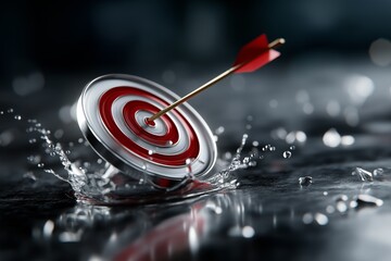 Target with red and white concentric circles is struck by an arrow, creating splashes of water, symbolizing precision, focus, and achievement in a dynamic setting