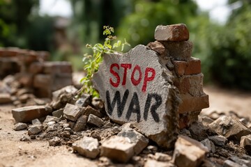 Broken concrete with a painted message "STOP WAR" surrounded by rubble and greenery, symbolizing peace amidst destruction and conflict in an urban environment