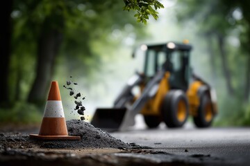 Construction site with an orange traffic cone and a yellow backhoe loader in the background, showcasing roadwork activity and machinery in a natural environment