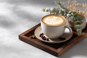 Coffee cup with latte art on a wooden tray, accompanied by coffee beans and greenery, creating a cozy and inviting atmosphere for coffee lovers and enthusiasts