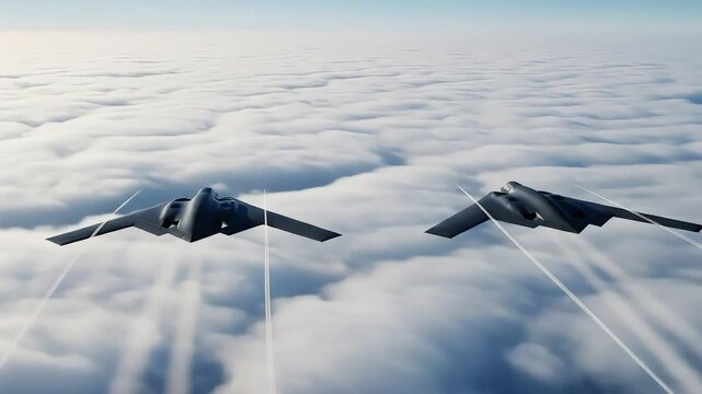 Two futuristic stealth fighter jets in formation flight, soaring at high speed above a vast, beautiful cloudscape.