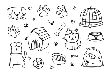 Cute Pets and Their Accessories: A charming, hand-drawn collection of adorable pets and their essential accessories. It encapsulates the essence of pet companionship. 
