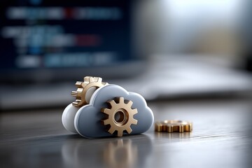 Cloud computing concept with gears symbolizing technology integration, showcasing innovation in digital solutions and modern data management for businesses and individuals