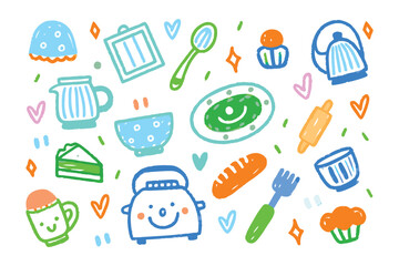 Cute Kitchen Utensils Collection: A whimsical collection of hand-drawn kitchen utensils and food items in a playful and inviting illustration, creating a charming and delightful scene.
