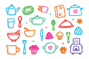 Kitchen doodle art: A vibrant and playful collection of kitchen essentials comes to life in a delightful illustration. Featuring hand-drawn elements and cheerful colors.