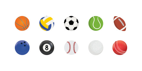 Sport Balls Icon Set. Various popular sport balls icon including basketball, football, soccer, volleyball, rugby, golf, tennis, baseball and more.