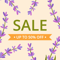 sale banner with lavender flowers, with SALE and UP TO 50 OFF. Perfect for promotions, discounts, or seasonal offers.