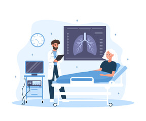 Pulmonologist concept. Lungs care and medical diagnostic. Male doctor examines fluorography. Flat Vector illustration.