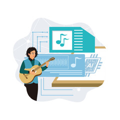 Musician playing guitar with technology and AI music visuals.
