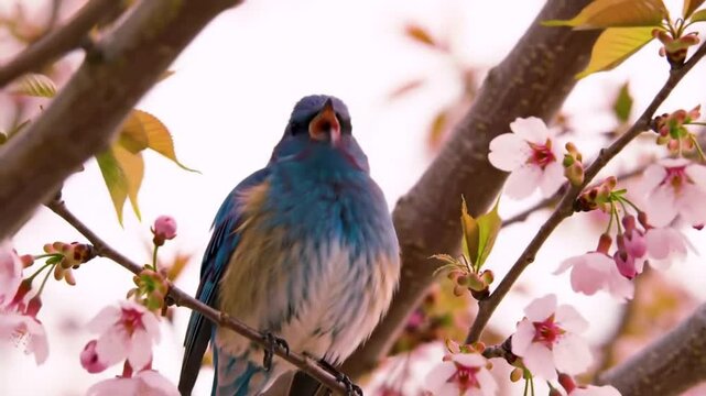 Singing bird perched among cherry blossoms in springtime