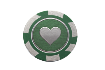 a green and silver poker chip with a heart