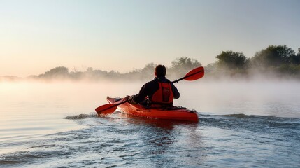 Person kayaking on a misty river at sunrise.
